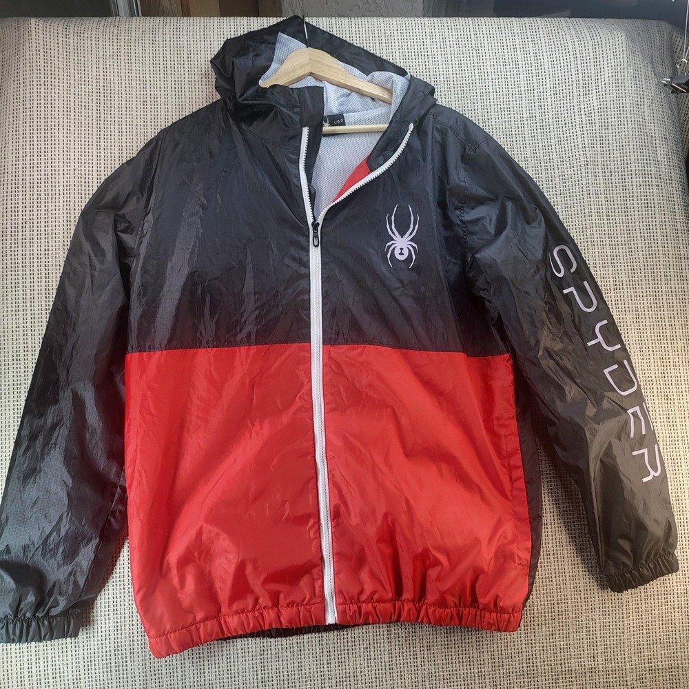Spyder Jacket Mens Large Black Red Hooded Windbreaker Full Zip Mesh Lined Ski‎
